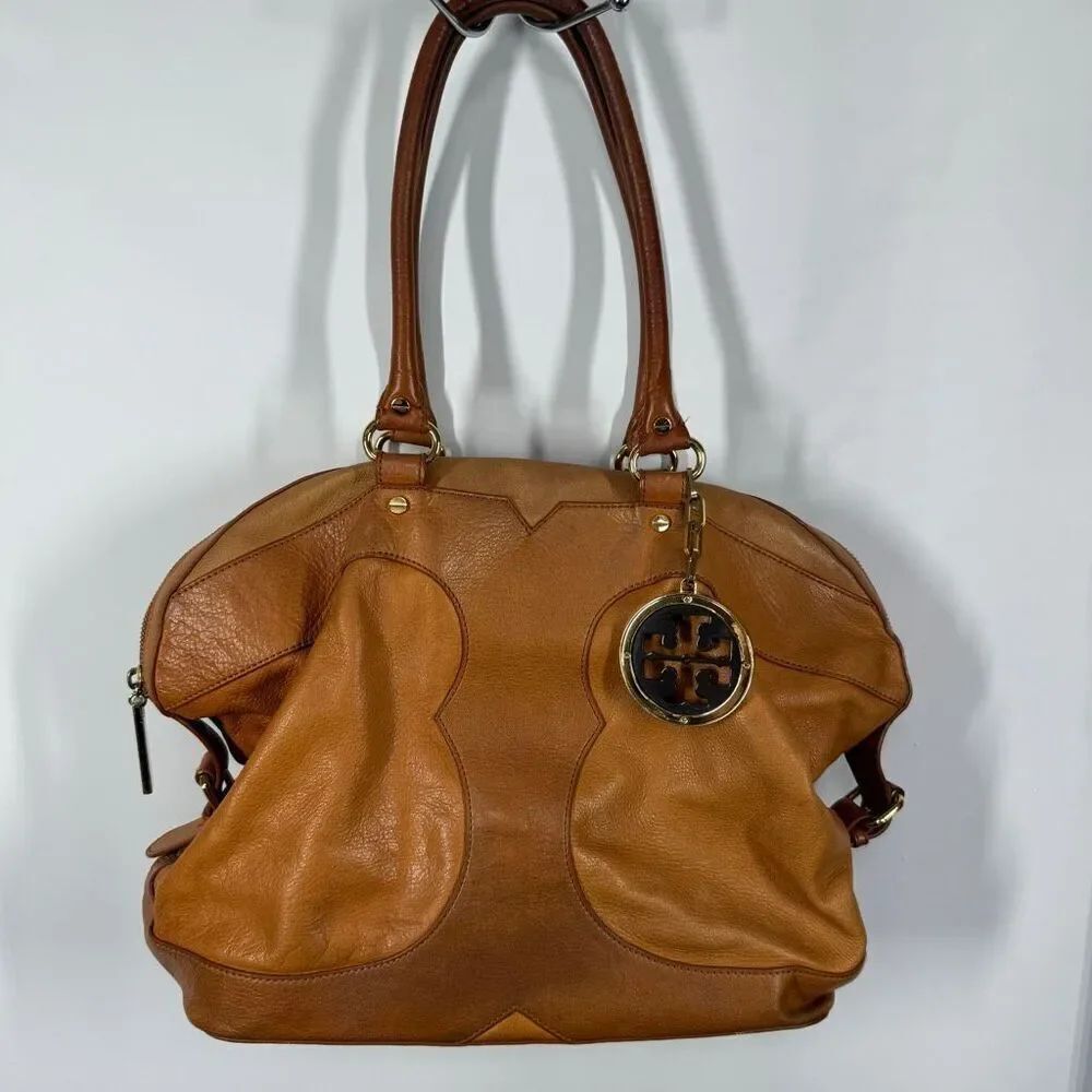 Tory Burch Amalie slouch shoulder bag brown pebbled leather 12x13x6"